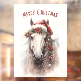 White Horse Santa Hat Red Poinsettias Christmas Window Cling
