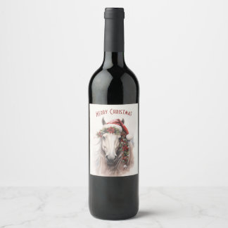 White Horse Santa Hat Red Poinsettias Christmas Wine Label
