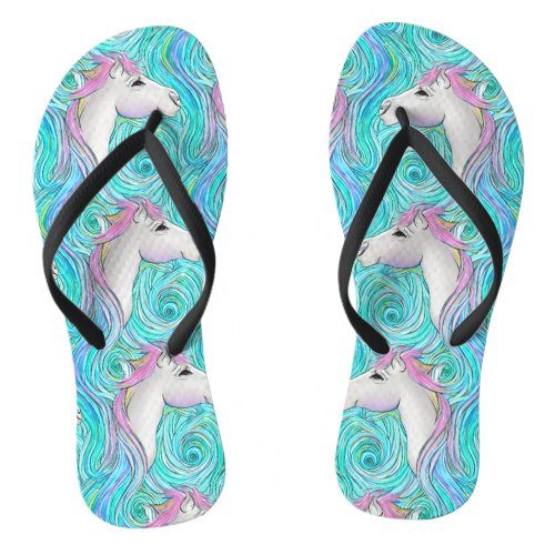 White Horse Seamless Pastel Colored Pattern Flip Flops