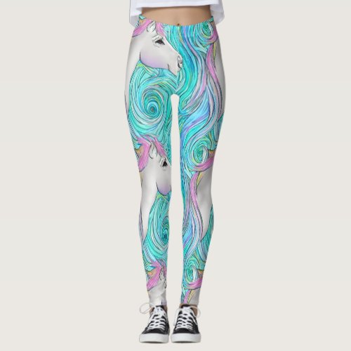 White Horse Seamless Pastel Colored Pattern Leggings