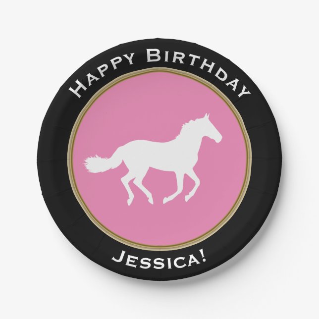 White Horse Silhouette Happy Birthday with Name Paper Plates (Front)