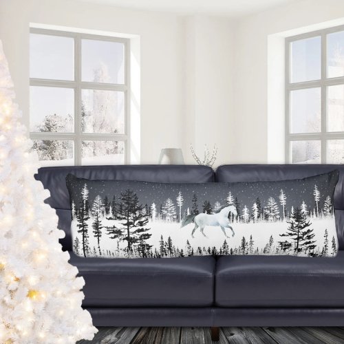 White Horse Snowy Night Eastern Pine Tree Forest Body Pillow