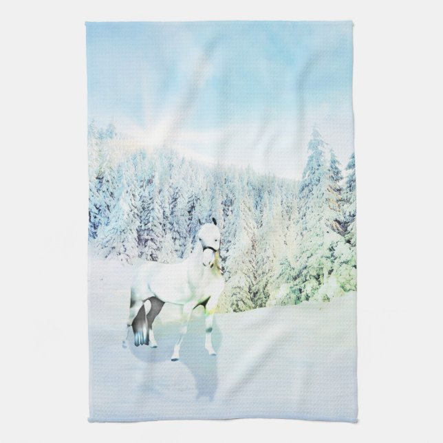White Horse Snowy Scene Kitchen Towel (Vertical)