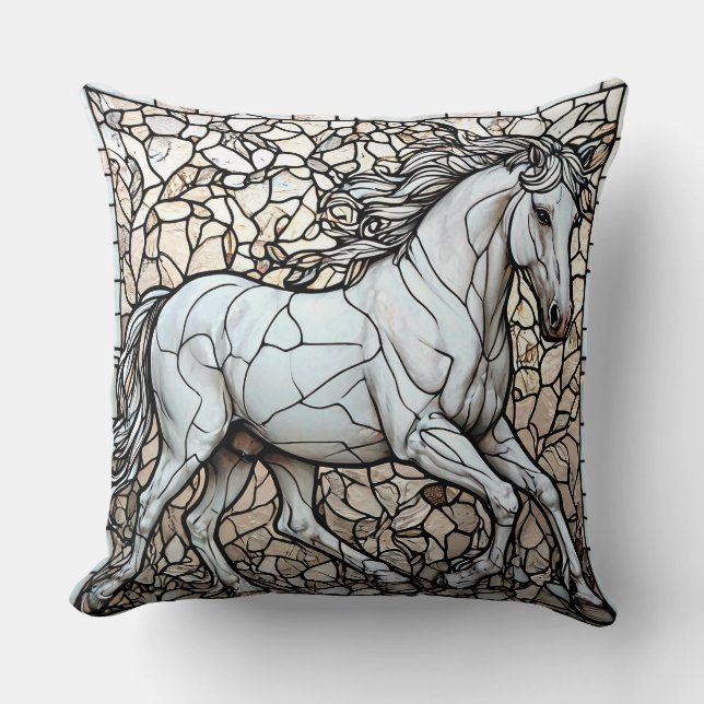 White Horse Stained Glass Throw Pillow (Front)