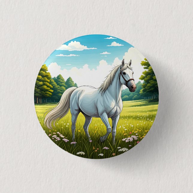 White horse standing in a field of grass button (Front)