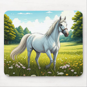 White horse standing in a field of grass mouse pad