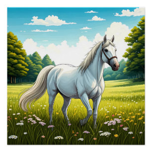 White horse standing in a field of grass poster