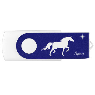 White horse, star & calligraphy on navy blue flash drive