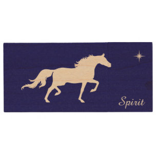 White horse, star & calligraphy on navy blue wood flash drive