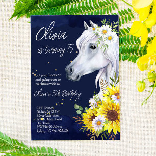 White horse sunflowers cowgirl birthday party invitation