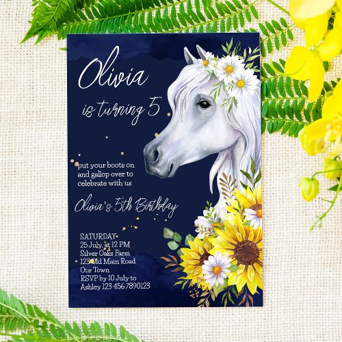 White horse sunflowers cowgirl birthday party  invitation