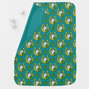 White Horse w Golden Horse Shoe, Shamrocks Pattern Baby Blanket