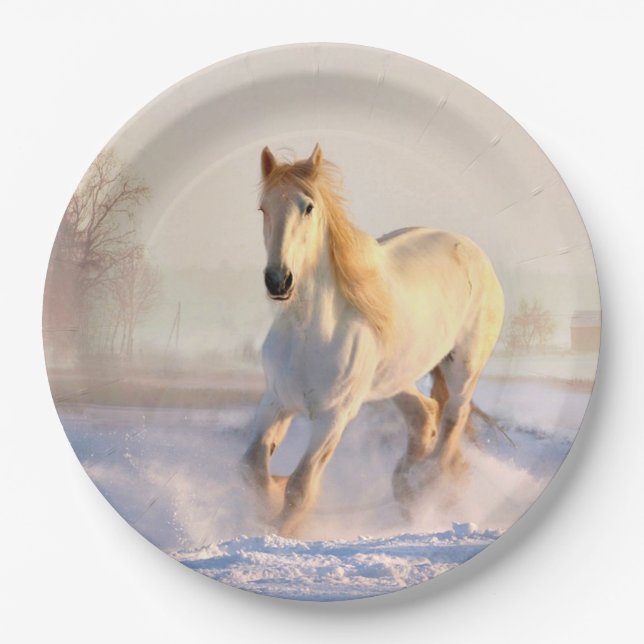 White Horse, White Snow Paper Plates (Front)