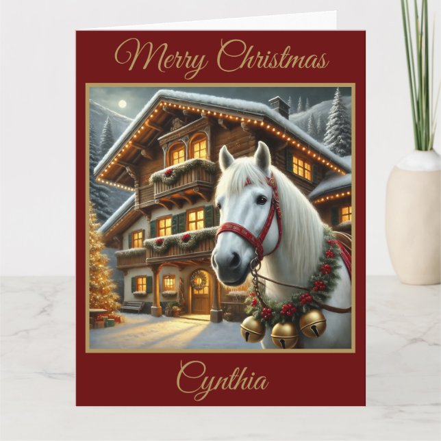 White Horse with Alpine House Christmas Card (Front)