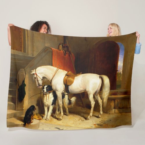 WHITE HORSE WITH DOGS AND FALCONS IN STABLE FLEECE BLANKET