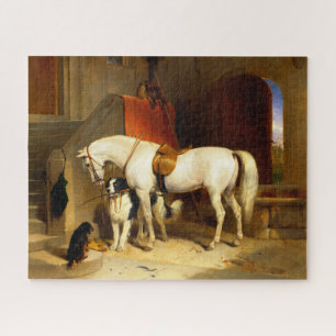 WHITE HORSE WITH DOGS AND FALCONS IN STABLE JIGSAW PUZZLE