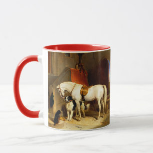 WHITE HORSE WITH DOGS AND FALCONS IN STABLE   MUG