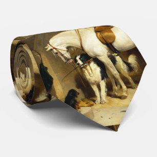 WHITE HORSE WITH DOGS AND FALCONS IN STABLE NECK TIE
