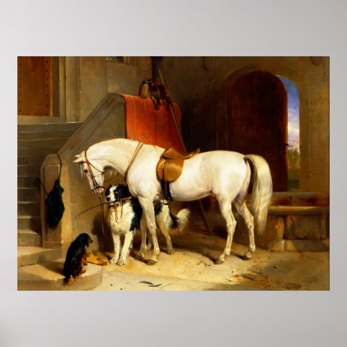 WHITE HORSE WITH DOGS AND FALCONS IN STABLE  POSTER