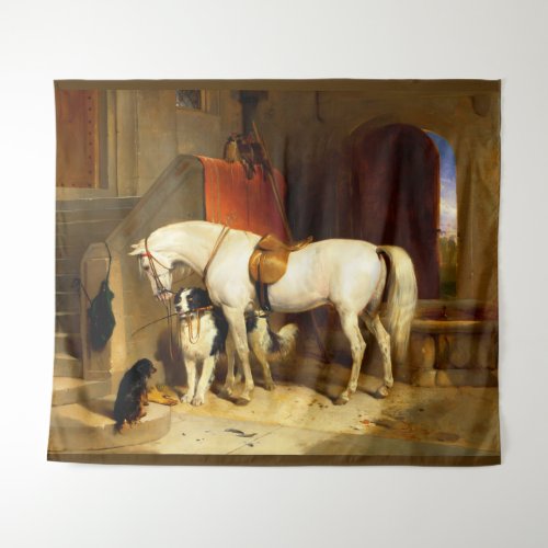 WHITE HORSE WITH DOGS AND FALCONS IN STABLE  TAPESTRY