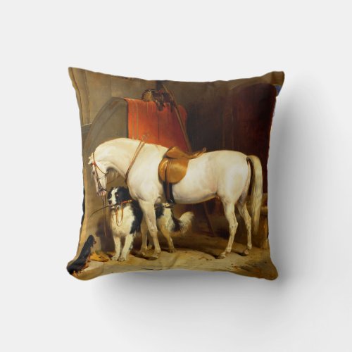 WHITE HORSE WITH DOGS AND FALCONS IN STABLE THROW PILLOW