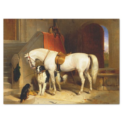WHITE HORSE WITH DOGS AND FALCONS IN STABLE TISSUE PAPER