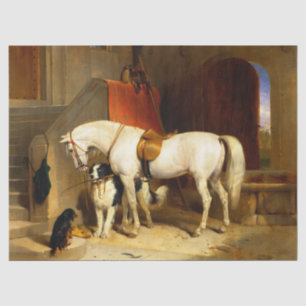 WHITE HORSE WITH DOGS AND FALCONS IN STABLE TISSUE PAPER