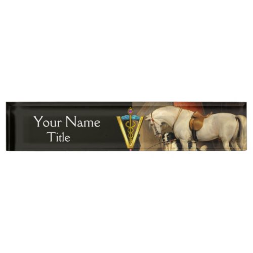 White Horse With Dogs  CADUCEUS VETERINARY SYMBOL Desk Name Plate