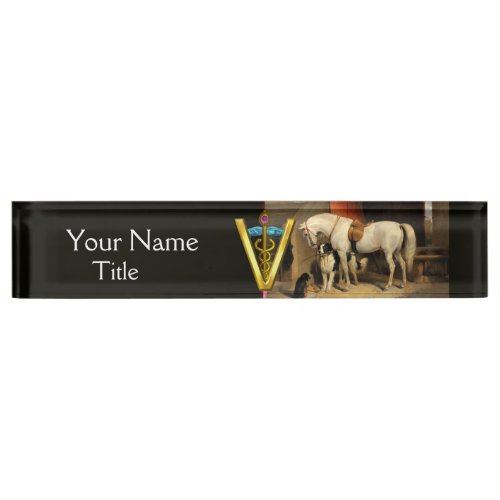 White Horse With Dogs  CADUCEUS VETERINARY SYMBOL Name Plate