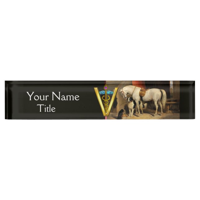 White Horse With Dogs / CADUCEUS VETERINARY SYMBOL Name Plate (Front)