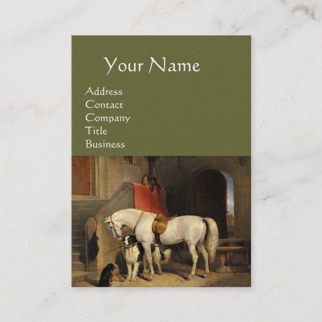 White Horse With Dogs, Green Business Card (Front)