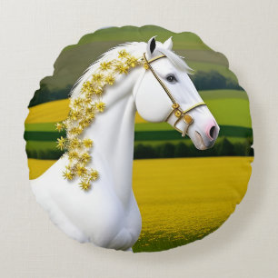 White Horse With Floral Garland Round Pillow