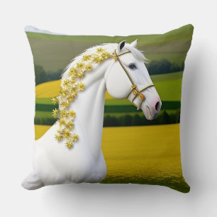 White Horse With Floral Garland Throw Pillow