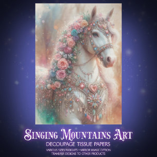 White Horse With Flowers Decoupage Tissue Paper