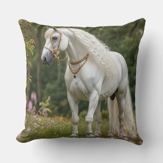 White Horse with Flowing Mane Throw Pillow (Front)