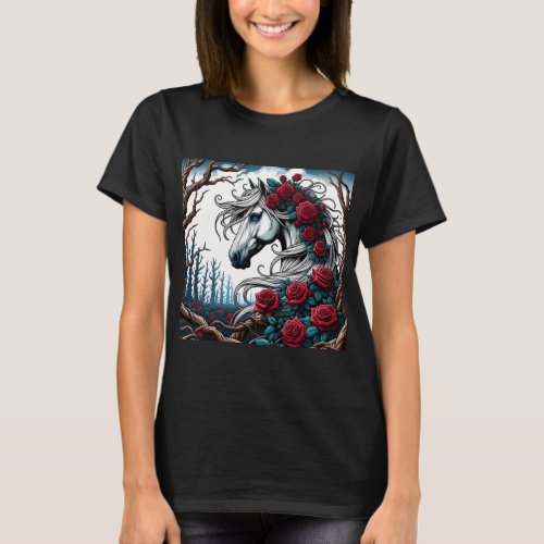 White Horse with Red Roses in a Dead Forest T_Shirt