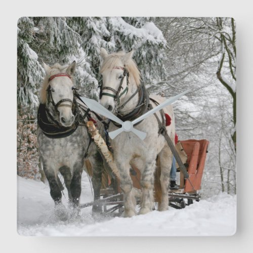 White Horses and Sleigh in Snow Photo Wall Clock