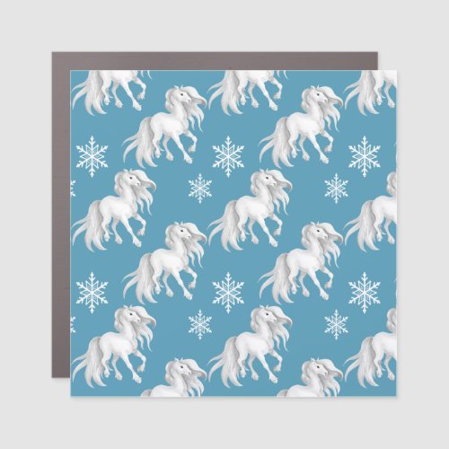 White Horses and Snowflakes Winter Pattern on Blue Car Magnet