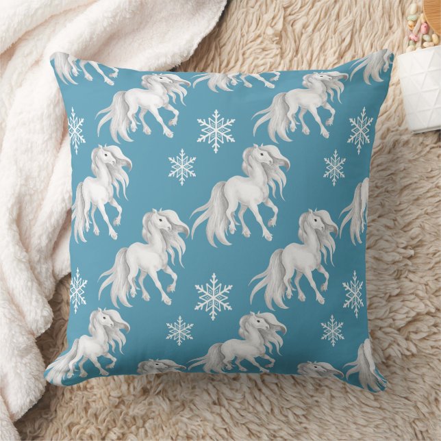 White Horses and Snowflakes Winter Pattern on Blue Throw Pillow (Blanket)