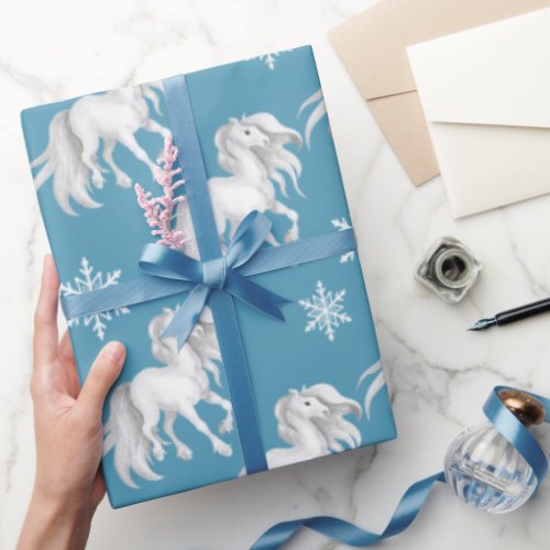 White Horses and Snowflakes Winter Pattern on Blue Wrapping Paper