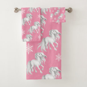 White Horses and Snowflakes Winter Pattern on Pink Bath Towel Set