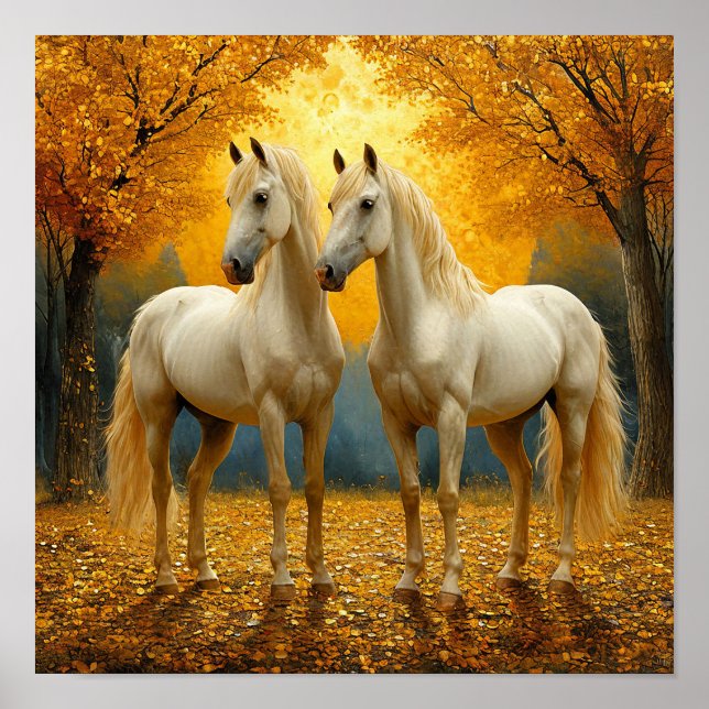 🍂 White Horses Autumn Forest Landscape Romantic Poster (Front)