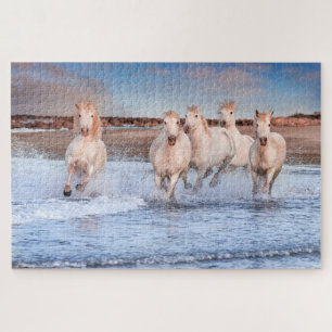 White Horses Galloping On Beach Nature Jigsaw Puzzle