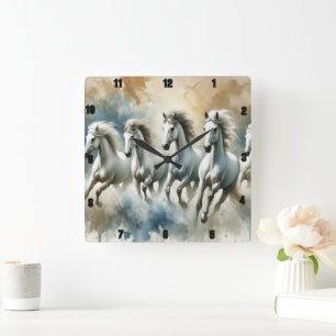 White Horses Modern Galloping Motion Square Wall Clock