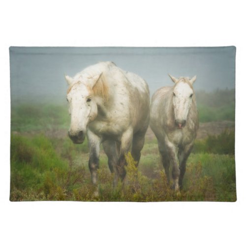 White Horses of Camargue in Field Cloth Placemat