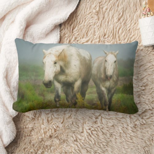 White Horses of Camargue in Field Lumbar Pillow