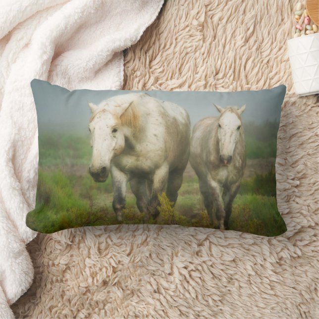 White Horses of Camargue in Field Lumbar Pillow (Blanket)