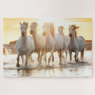 White Horses On Beach at Sunset Jigsaw Puzzle