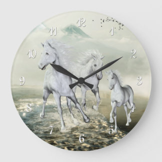 White Horses On The Beach Large Clock