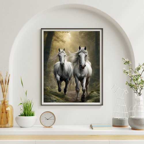 White Horses Running in the Forest Poster